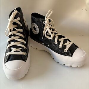 CONVERSE Black Lug Leather Platform Sneakers, Chuck Taylor High Top Women’s 7.5
